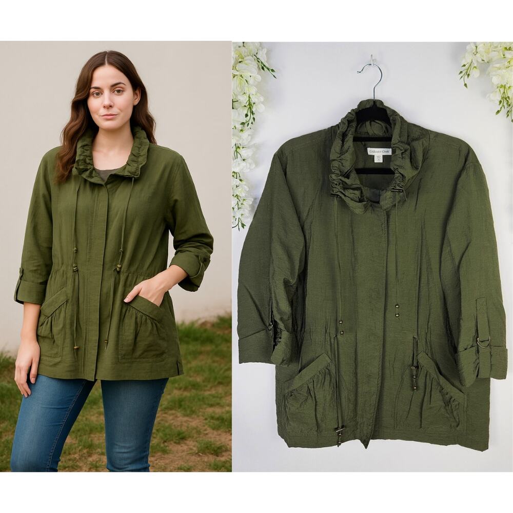 Coldwater Creek Green Casual Outdoor Jacket Medium Drawstring Pockets Fall Boho